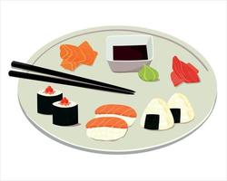 Vector illustration of big ceramic plate with traditional japanese food. Asian cuisune
