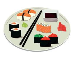 Illustration of big plate with traditional japanese food. Illustration of japanese salmon sushi and rolls and sashimi vector