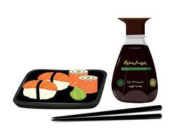 Set of japanese sushi and glass bottle with soy sauce. Vector illustration of japanese food and sauce