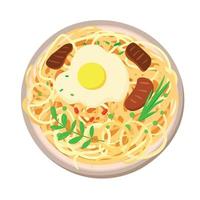 Traditional Asian food illustration . Vector illustration of ramen with egg, pieces of meat and greens. Asian cuisine