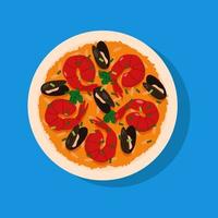 Paella with prawns, rice, mussels  and greens. Valencian dish isolated on blue background. vector