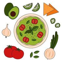 receta de guacamole con ingredientes: tomates, aguacate, cebolla, ajo, lima y nachos. vector