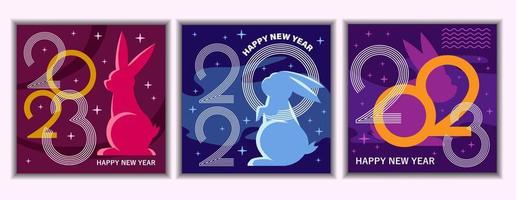 Chinese New Year cards with rabbits, Chinese zodiacal sign, symbol of the 2023 year. Vector art, invitation, greeting, decoration, posters.