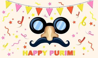Happy Purim Day card, Jewish holiday of March invitation, vector art with funny mask with glasses and mustache. Greeting card with confetti and flags on the background.