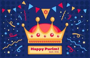 Holiday of Purim day greeting card, banner, vector invitation with Purim Day symbol, golden crown with confetti, flags and Star of David.