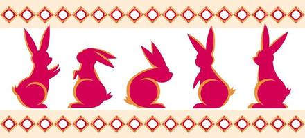 Group of cute decorative rabbits in silhouettes, flat bunnies for Chinese New Year and Lantern Festival decorations, animals vector silhouettes.