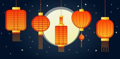 Chinese glowing lanterns on a Lantern festival at night with the Moon and stars on the background. Vector art for Lantern Festival and Chinese New Year.