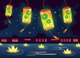linternas chinas brillantes que brillan sobre el agua con flores de loto en la noche. Ilustración de escena de vector de festival de linterna china, tarjeta decorativa de saludo o invitación.