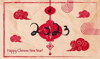 Chinese New Year paper card with Chinese Lantern and clouds, greeting card, banner with ink imitation, vector art.