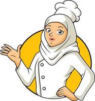 Cute muslim girl chef cartoon presenting vector