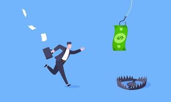 Fishing money chase business concept with businessman running after dangling dollar and trying to catch it. vector