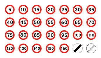 límite de velocidad 5-160 icono de tráfico de carretera redondo signo plano estilo diseño vector ilustración conjunto aislado sobre fondo blanco.