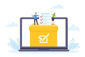 Online voting concept flat style design vector illustration. Tiny people with voting poll online survey working together.