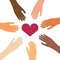 manos de personas de diferentes colores de piel con corazones para donaciones de caridad. ilustración vectorial