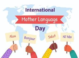 Flat international mother language day illustration. Multinational people holding banners in hands. vector