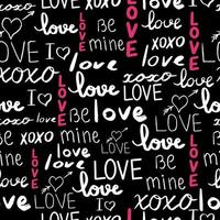 Text love, script cute doodle hand drawn seamless pattern on black background. Vector illustration