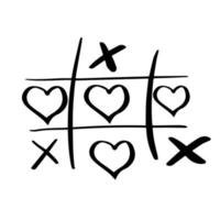 Tic tac toe doodle game with cross and circle sign, cute heart mark isolated on white background. . Vector illustration