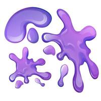 Set glossy purple slime, sticky splat with drops in cartoon style isolated on white background. Vector illustration