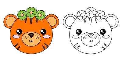 Little tiger. Vector illustration of baby tiger girl. Linear drawing of face of baby animal. Coloring page for kids.