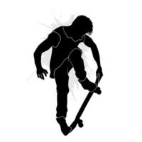 Silhouette of a male skateboarder doing a trick with a board. Vector illustration