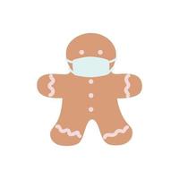 The gingerbread man in the mask. Vector hand-drawn illustration, the concept of new reality, self-isolation at Christmas.