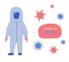 el hombre está de pie con traje protector. pancarta sobre el tema de la epidemia, el coronavirus y la protección biológica. ilustración vectorial en estilo plano. vector