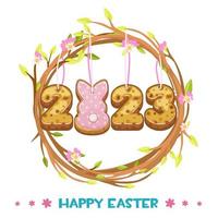 Decorative Easter wreath with bunny and year 2023. vector