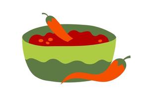 Mexican hot sauce chili with fresh raw peppers. Flat vector illustration