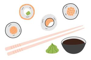 sushi y rollos japoneses tradicionales, wasabi, salsa de soja y palillos aislados en fondo blanco. vector