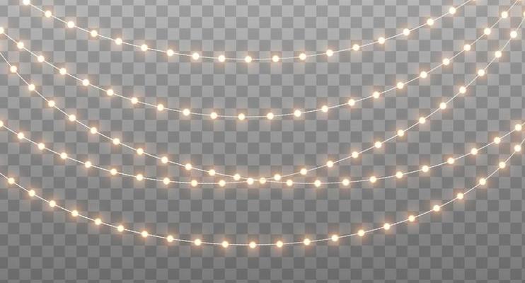 Christmas garland isolated on transparent background. Glowing yelllow light bulbs.