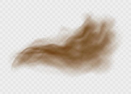 Dust cloud with ground particles. Brown sandstorm explosion with clay grains concept.