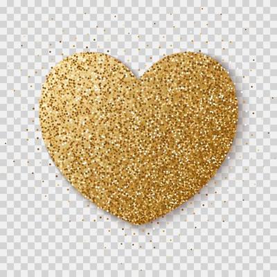 Gold glitter heart isolated on a transparent background. Bright glowing festive sequins and sparkles.