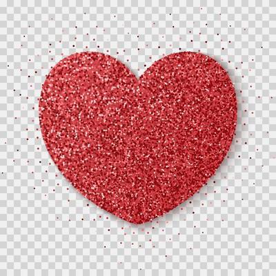 Red glitter heart isolated on a transparent background. Bright glowing festive sequins and sparkles.