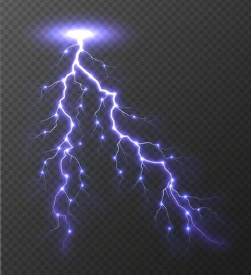 Realistic lightning bolt isolated on transparent background.