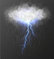 Realistic cloud with blue thunderbolt and rain isolated on transparent background. vector