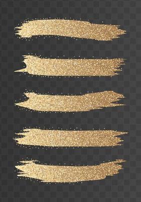 Gold glitter brush strokes set. Bright glowing festive sequins and sparkles.