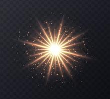 Shining sun flare with stars and sparkles isolated on dark transparent background. vector