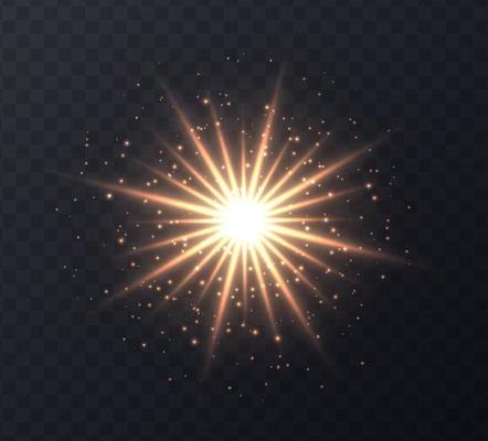 Shining sun flare with stars and sparkles isolated on dark transparent background.