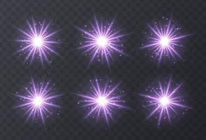 bengalas de luz conjunto aislado sobre fondo transparente. bengalas de lente púrpura, bokeh, destellos, colección de estrellas brillantes. vector