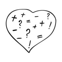 Vector doodle lineart heart with math symbols inside. Isolated outline heart shape for coloring on white background