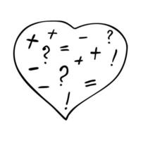 Vector doodle lineart heart with math symbols inside. Isolated outline heart shape for coloring on white background