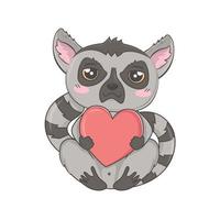 Cute cartoon lemur hugging a big heart vector