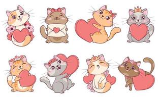 paquete de lindos gatos kawaii de San Valentín en diferentes poses con corazones y flores vector