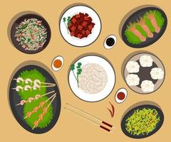 cocina nacional china, carne frita, pulpo, albóndigas, arroz con verduras, camarones en un palo, gusanos de bambú y frijoles fritos vector