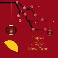 Happy Chinese New Year, cherry branch, lanterns and fan on red color background. Asian elements on the red background. vector