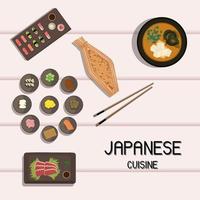 Japanese national cuisine, miso soup, sushi and natto beans, salmon steak and tsukemono. Vector illustration.