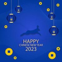 Happy Chinese New Year 2023, Rabbit zodiac sign with lanterns on blue color background. Asian elements with craft rabbit paper cut style. vector