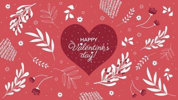 Vector horizontal red background for Valentine's Day with a heart, vegetation and flowers for web pages, posters, banners.