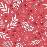 Seamless Valentine's Day pattern with hearts, vegetation and flowers on a red background. Vector