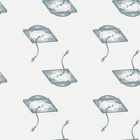 Graduate hat engraved seamless pattern. Vintage element education in hand drawn style. Sketch texture for fabric, wallpaper, textile, print, title, wrapping paper. Vector illustration.